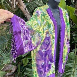 Aris A burnout, silk animal, print beaded fringe jacket